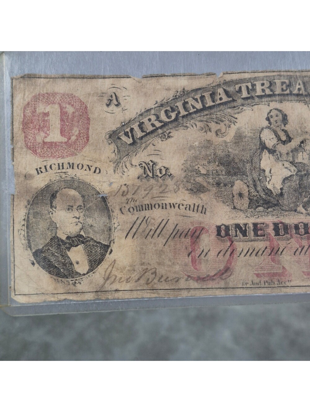 Virginia Treasury Note One Dollar Richmond July 21 1860 - Picture 2 of 7